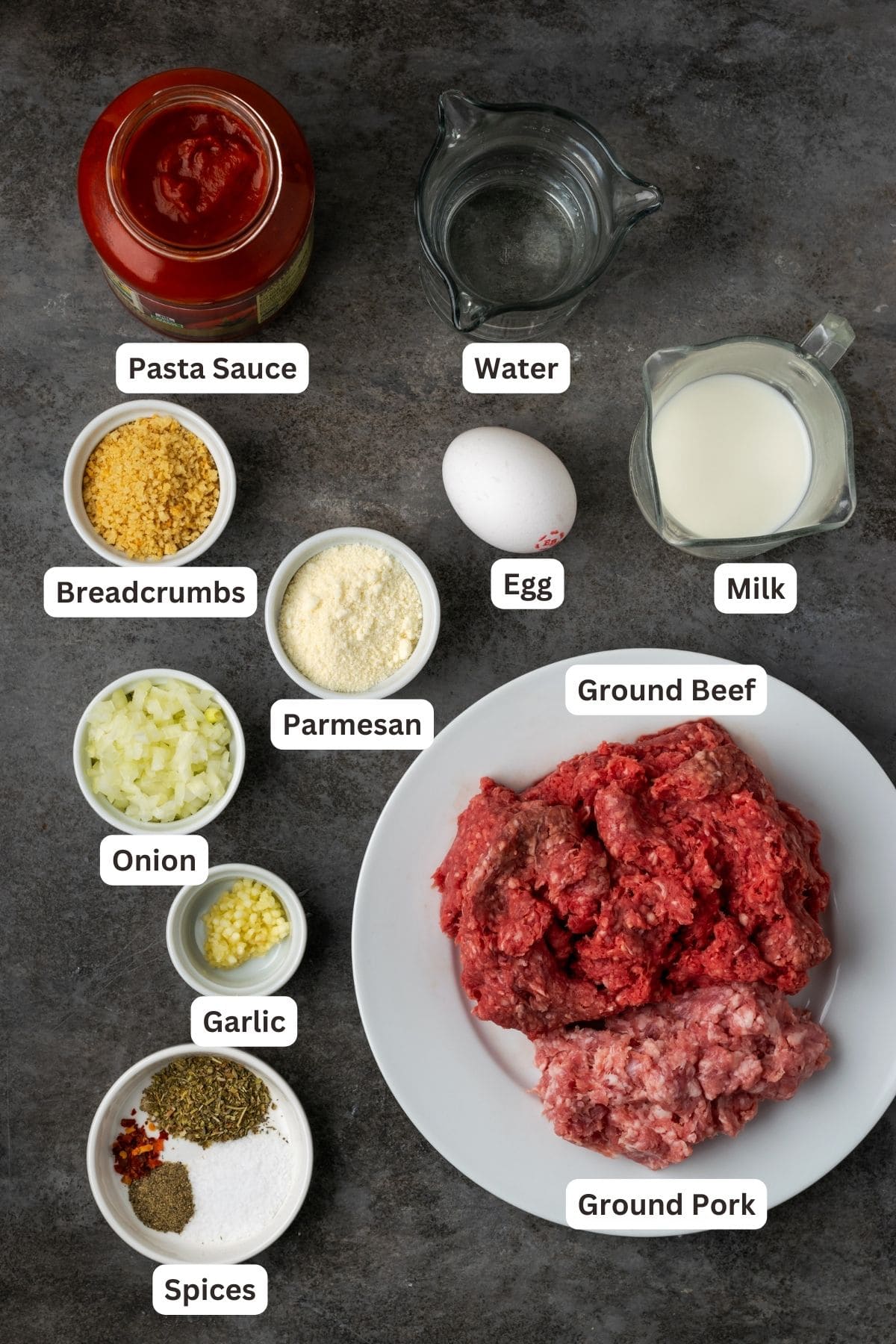 Ingredients for instant pot meatballs with a text label overlaying each ingredient.