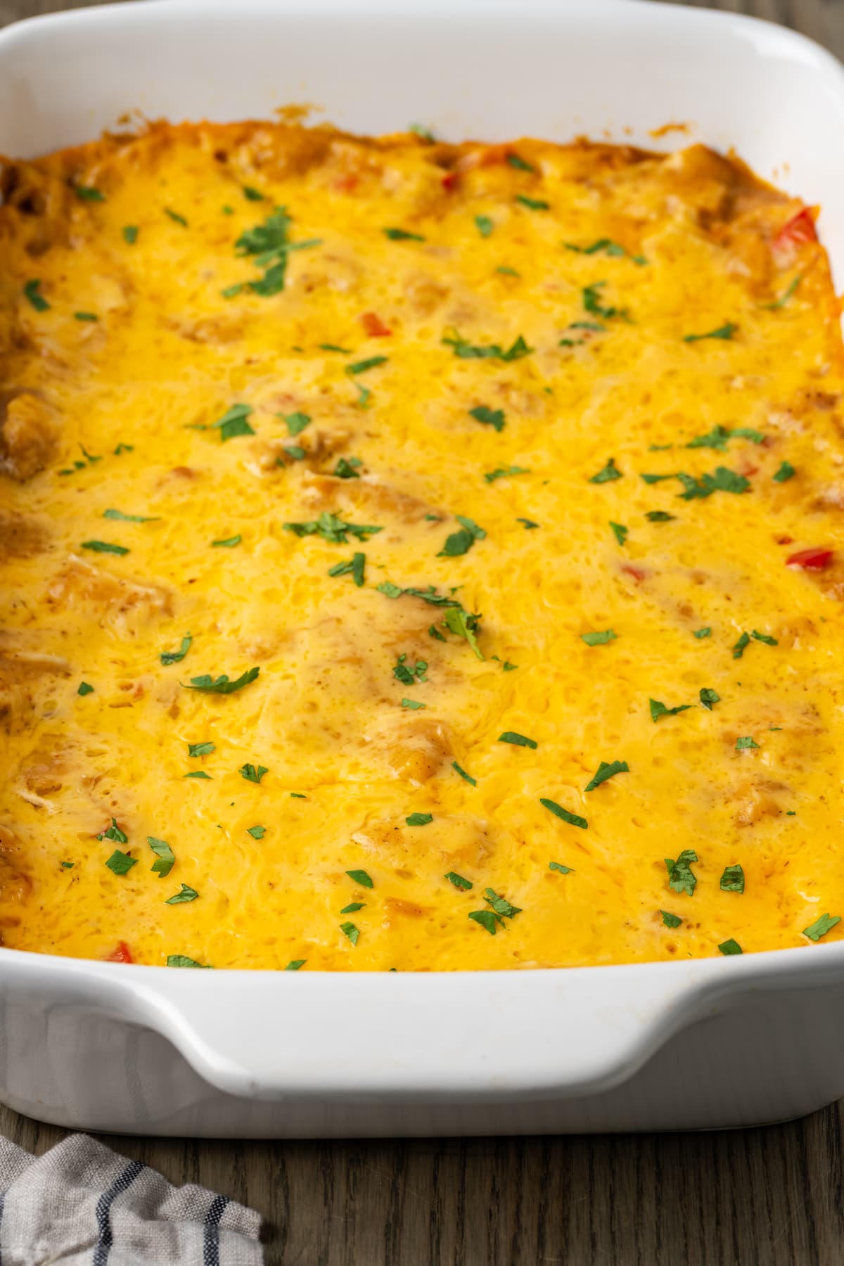 Baked King Ranch chicken in a casserole dish.