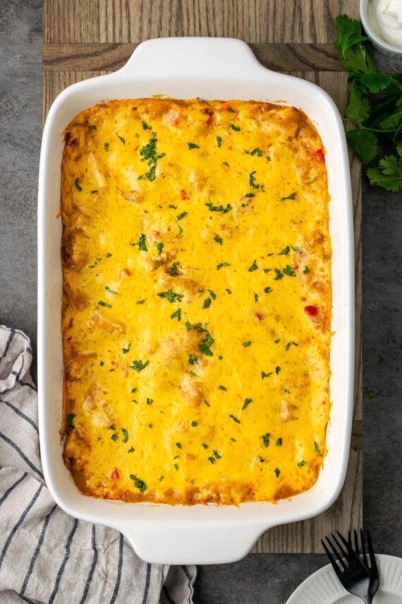 Overhead view of a baked King Ranch chicken in a casserole dish.
