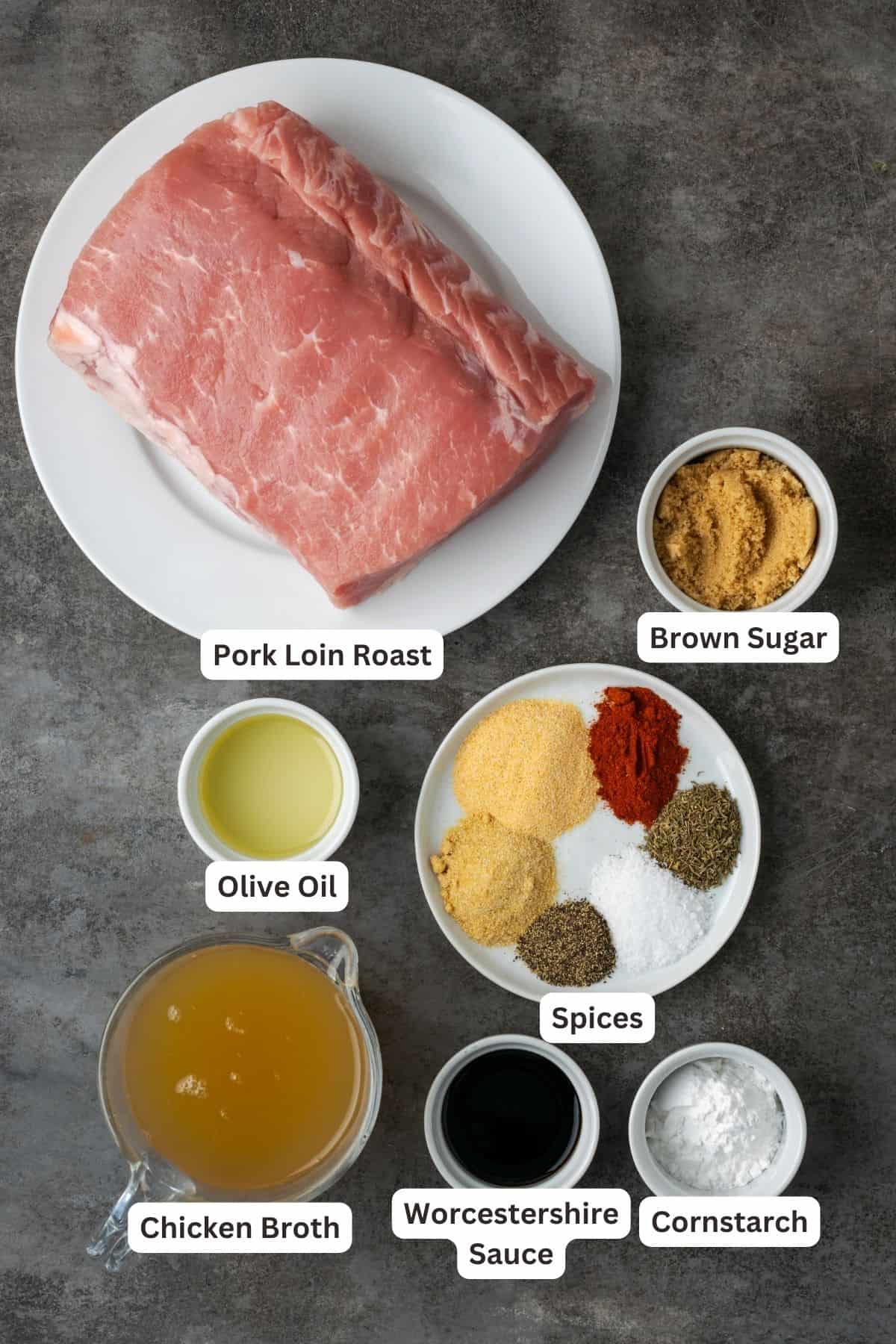 This juicy Instant Pot pork loin is smothered with a savory spice rub and out-of-this-world tender. Sear and cook your pork all in one pot! Ingredients for instant pot pork loin with text labels overlaying each ingredient.