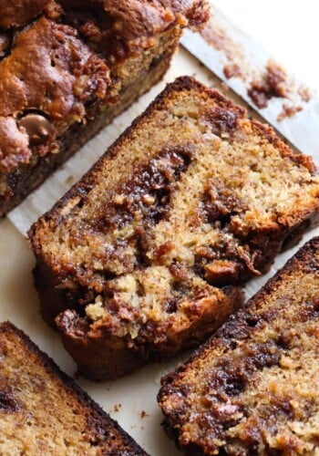 Overhead image of slices of peanut butter banana bread.