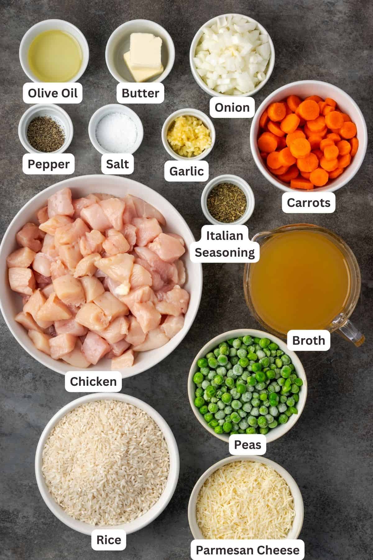 Ingredients for Instant Pot chicken and rice with text labels overlaying each ingredient.