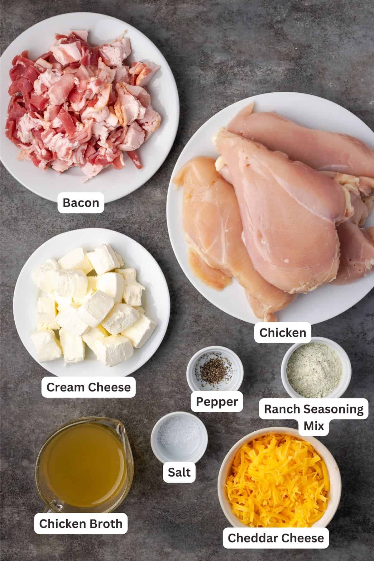 Ingredients for Instant Pot crack chicken with text labels overlaying each ingredient.