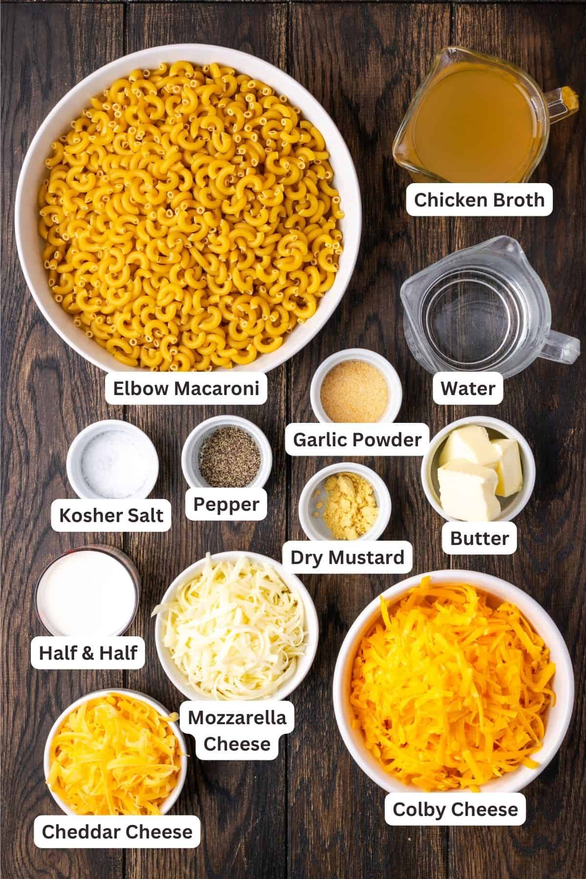 Ingredients for Instant Pot mac and cheese with text labels overlaying each ingredient.