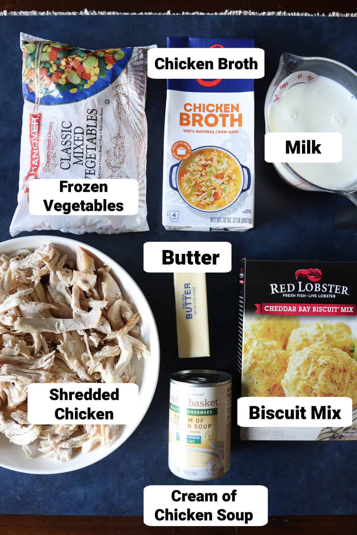 Ingredients for Chicken Cobbler with text written labeling each.