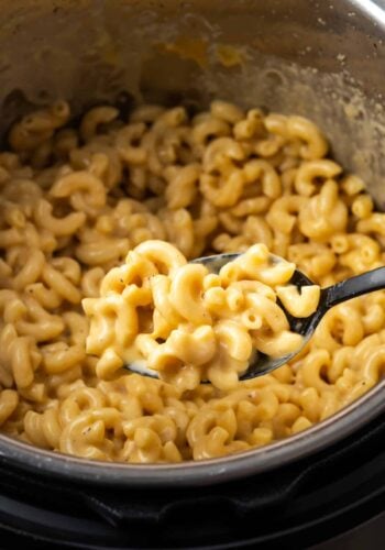 A spoonful of mac and cheese held over the Instant Pot.