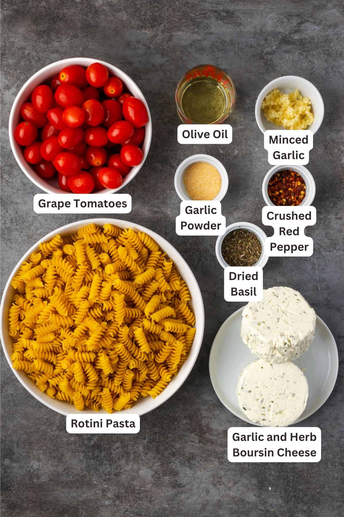 Ingredients for Boursin cheese pasta with text labels overlaying each ingredient.