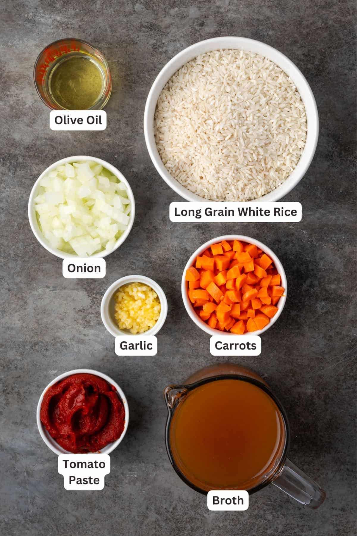 Ingredients for Instant Pot Mexican rice with text labels overlaying each ingredient.