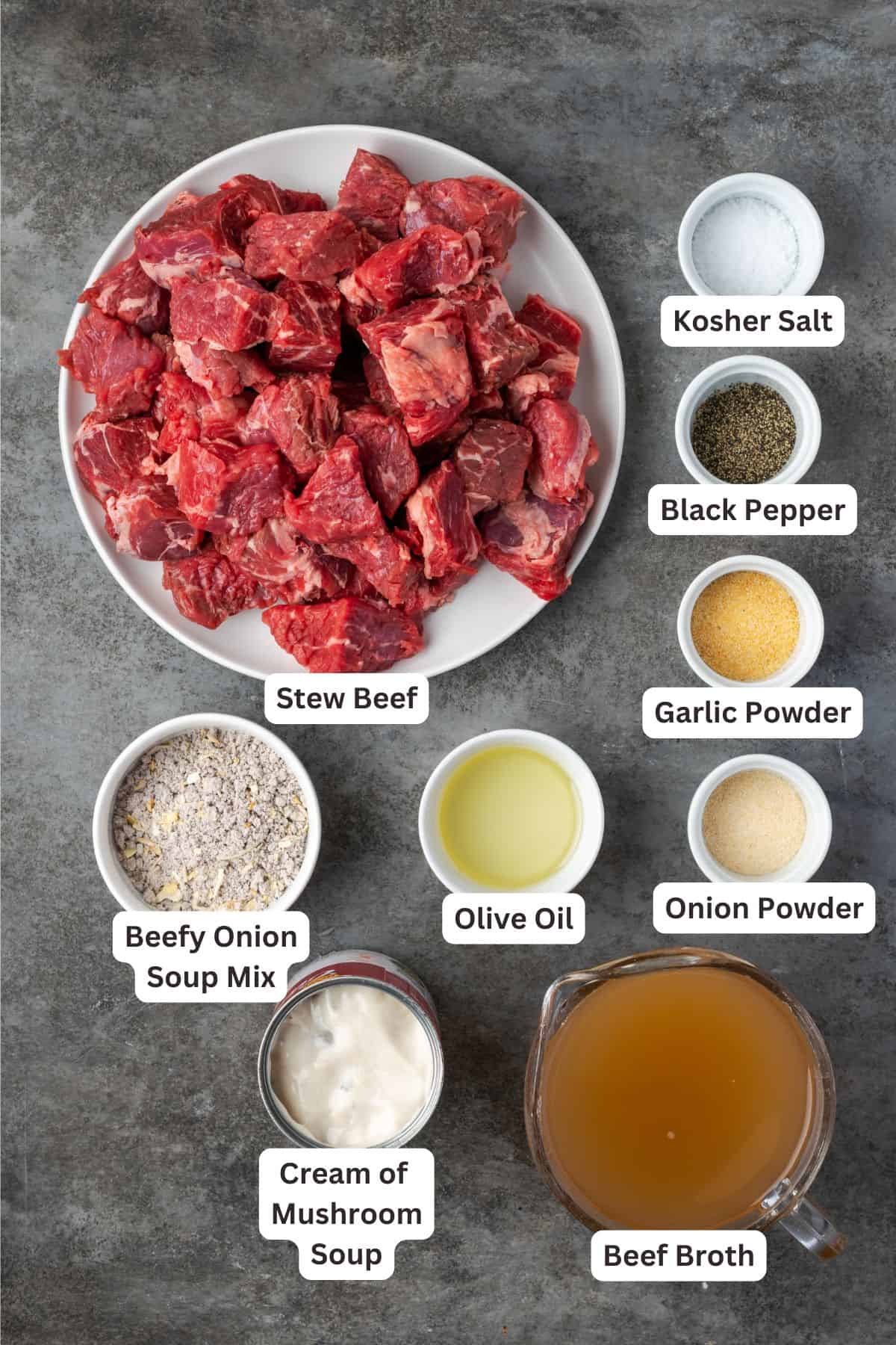 Ingredients for no peek beef tips with text labels overlaying each ingredient.