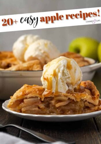 easy apple recipes pinterest image with text showing a slice of apple pie with ice cream