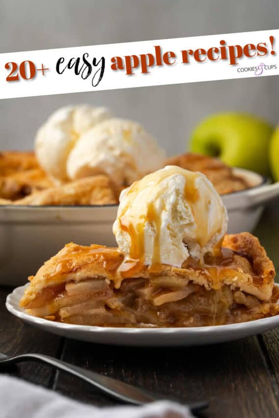 easy apple recipes pinterest image with text showing a slice of apple pie with ice cream