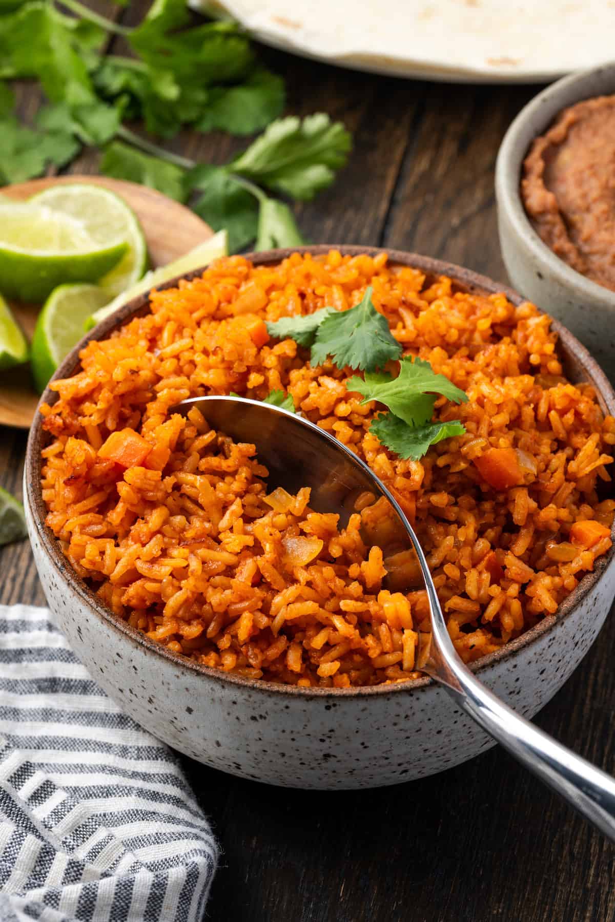 A spoon resting in a bowl of Instant Pot Mexican rice.