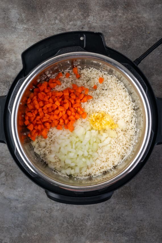 Veggies and rice inside the Instant Pot.