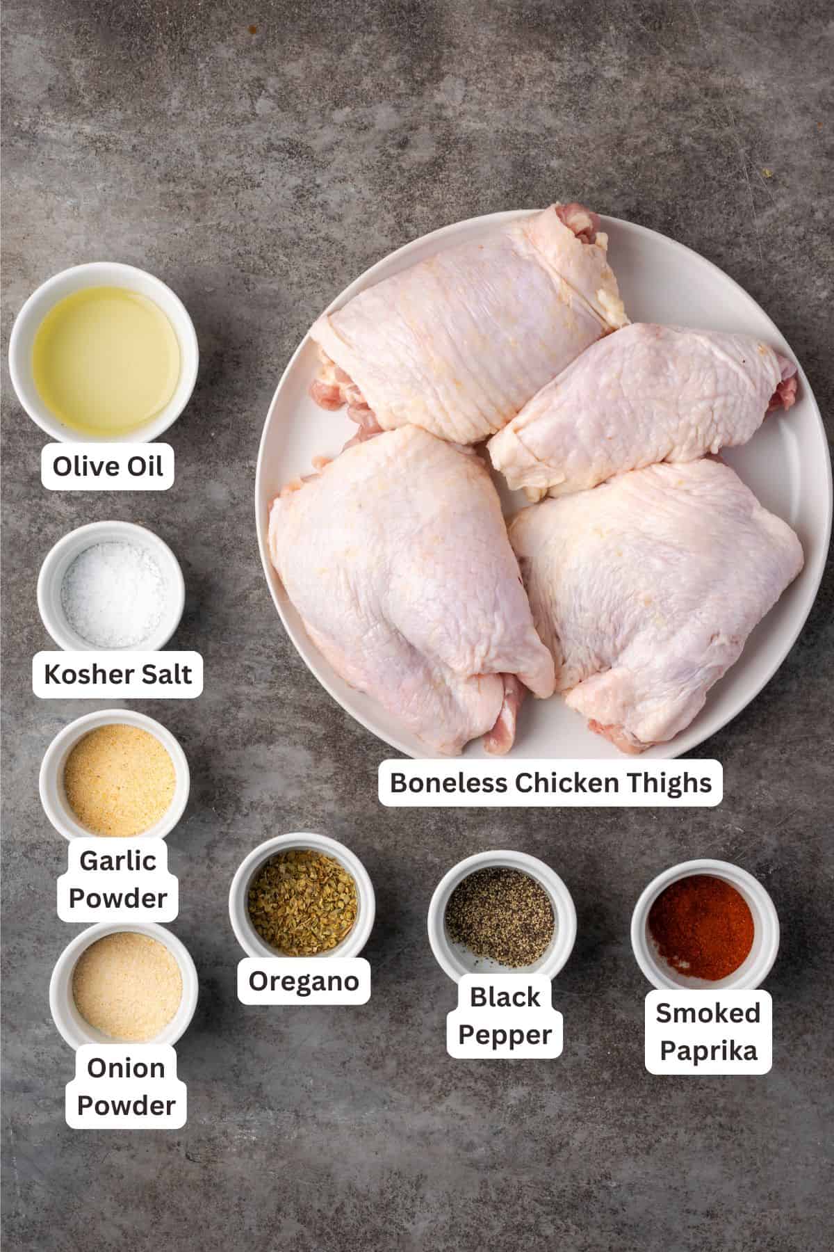 Ingredients text label for air fryer chicken thighs with each ingredient overlay.