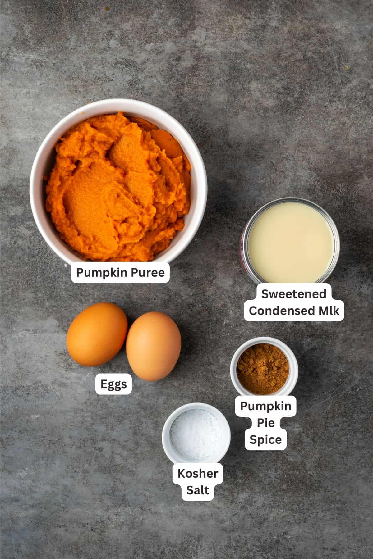 Crustless pumpkin pie ingredients with text labels overlaying each ingredient.