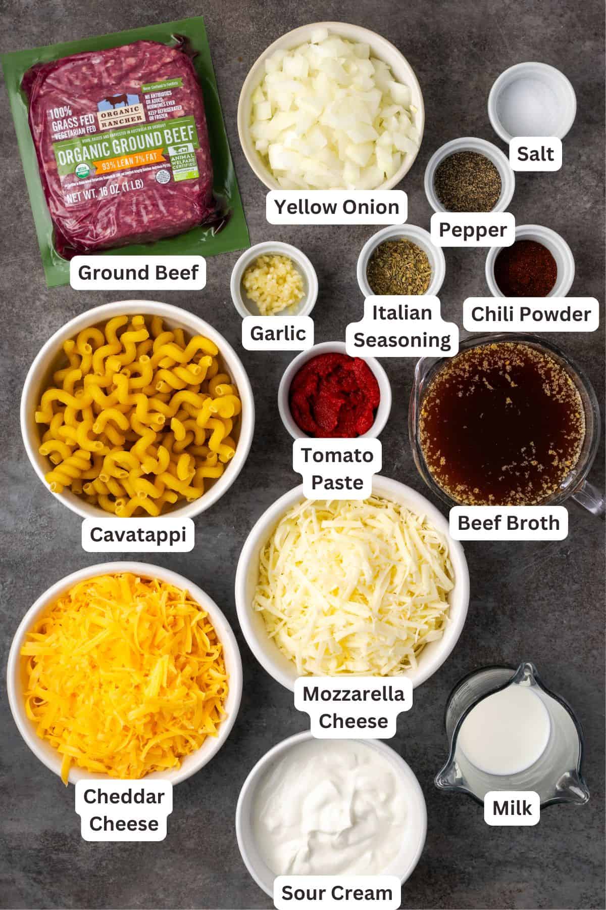 Ingredients for cheeseburger casserole with text labels overlaying each ingredient.