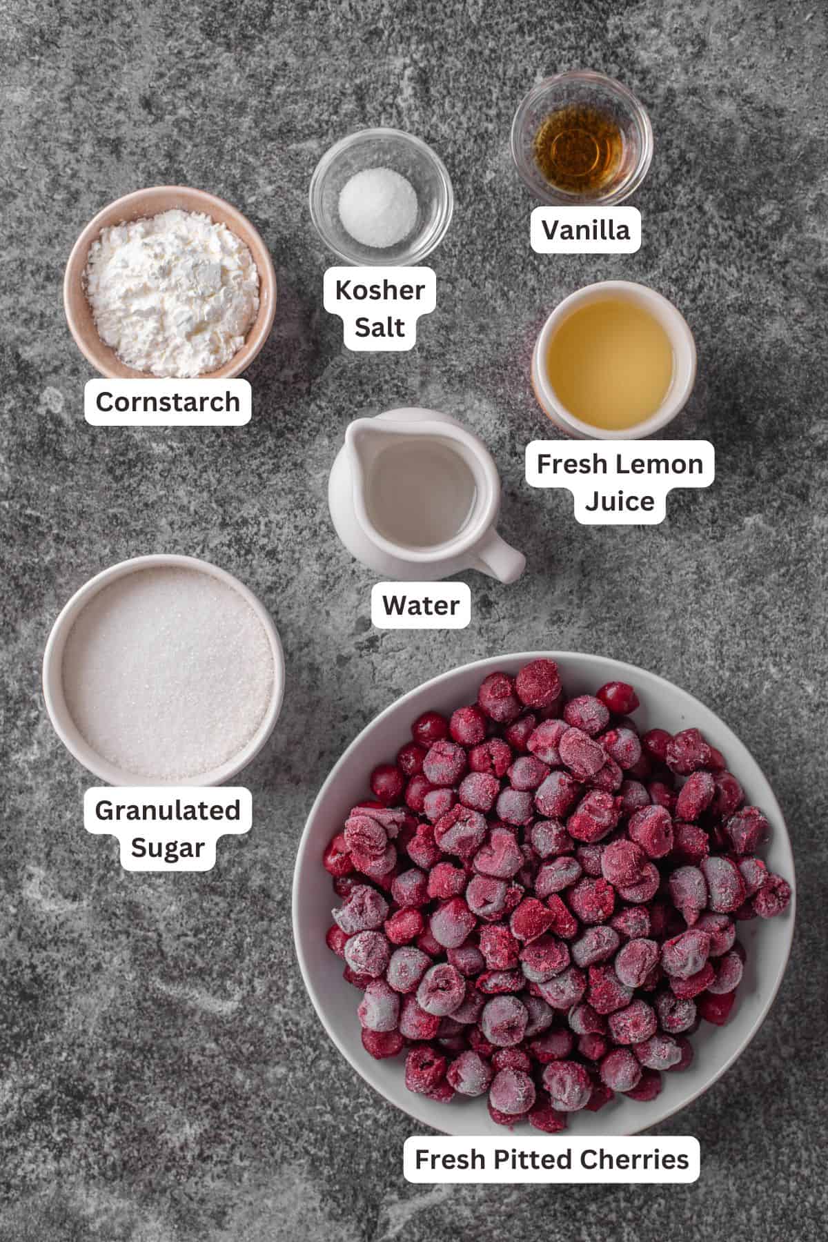 Cherry pie filling ingredients with text labels overlaying each ingredient.