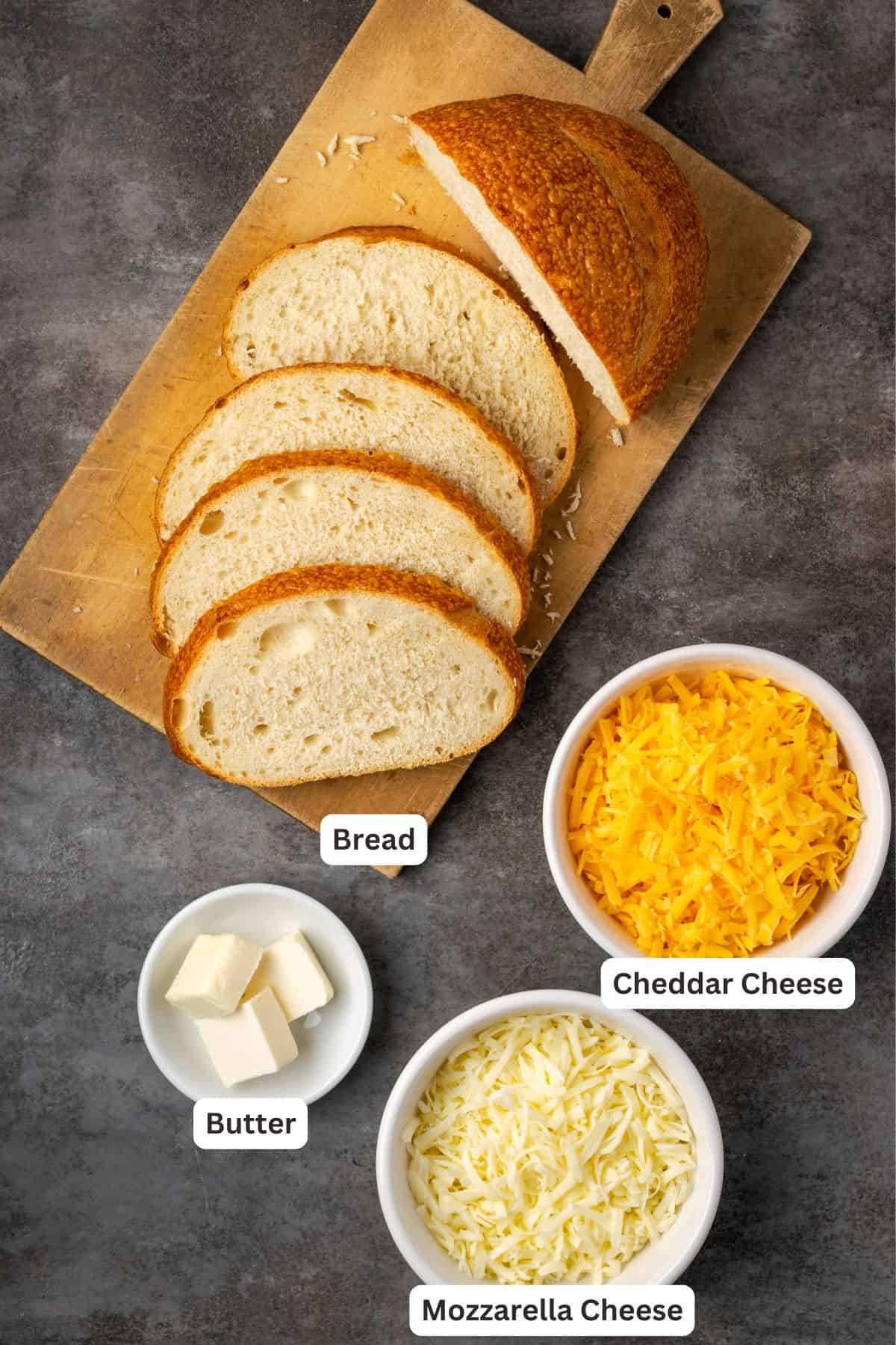 Ingredients needed to make an air fryer grilled cheese with text labels overlaying each ingredient.