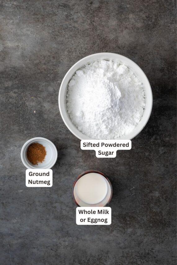 Chai sugar cookie icing ingredients with text labels overlaying each ingredient.