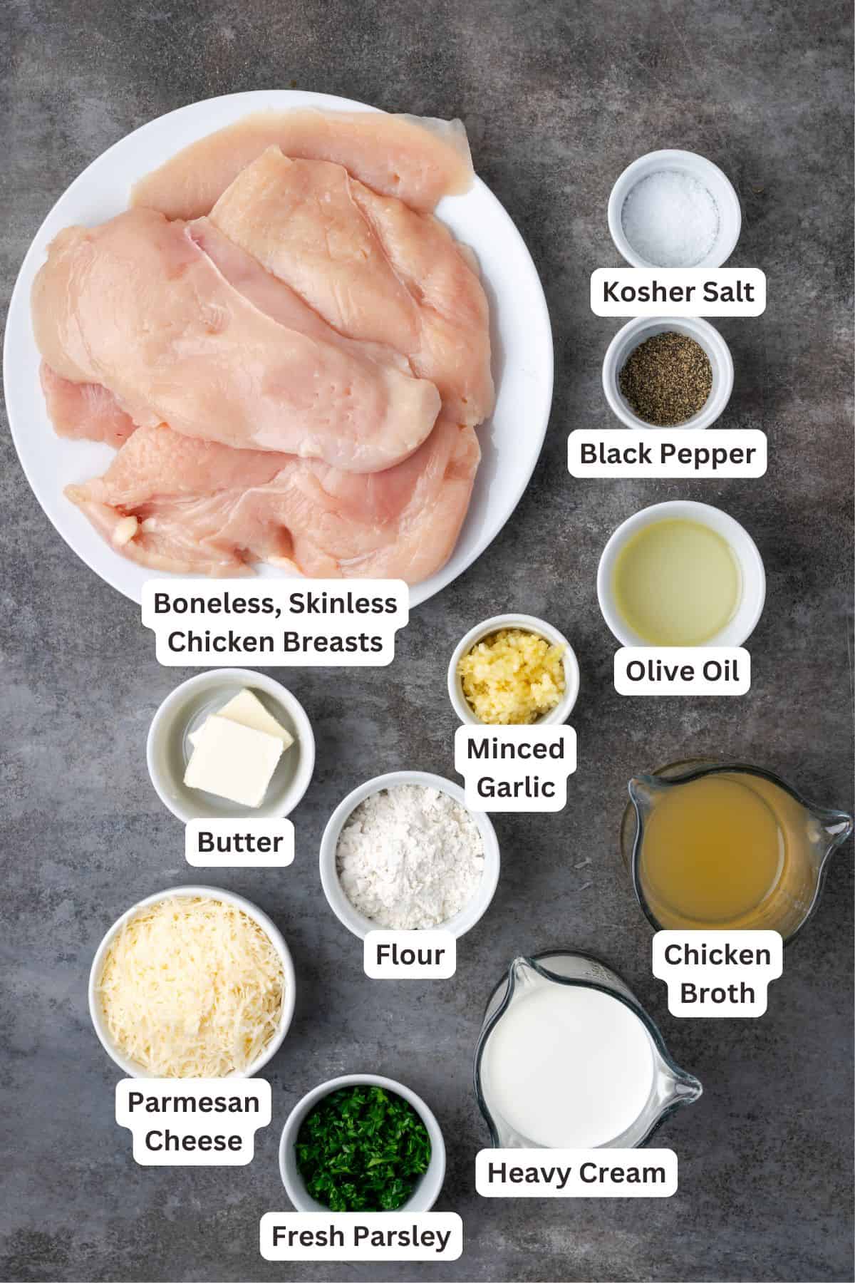 Garlic parmesan chicken ingredients with text labels overlaying each ingredient.