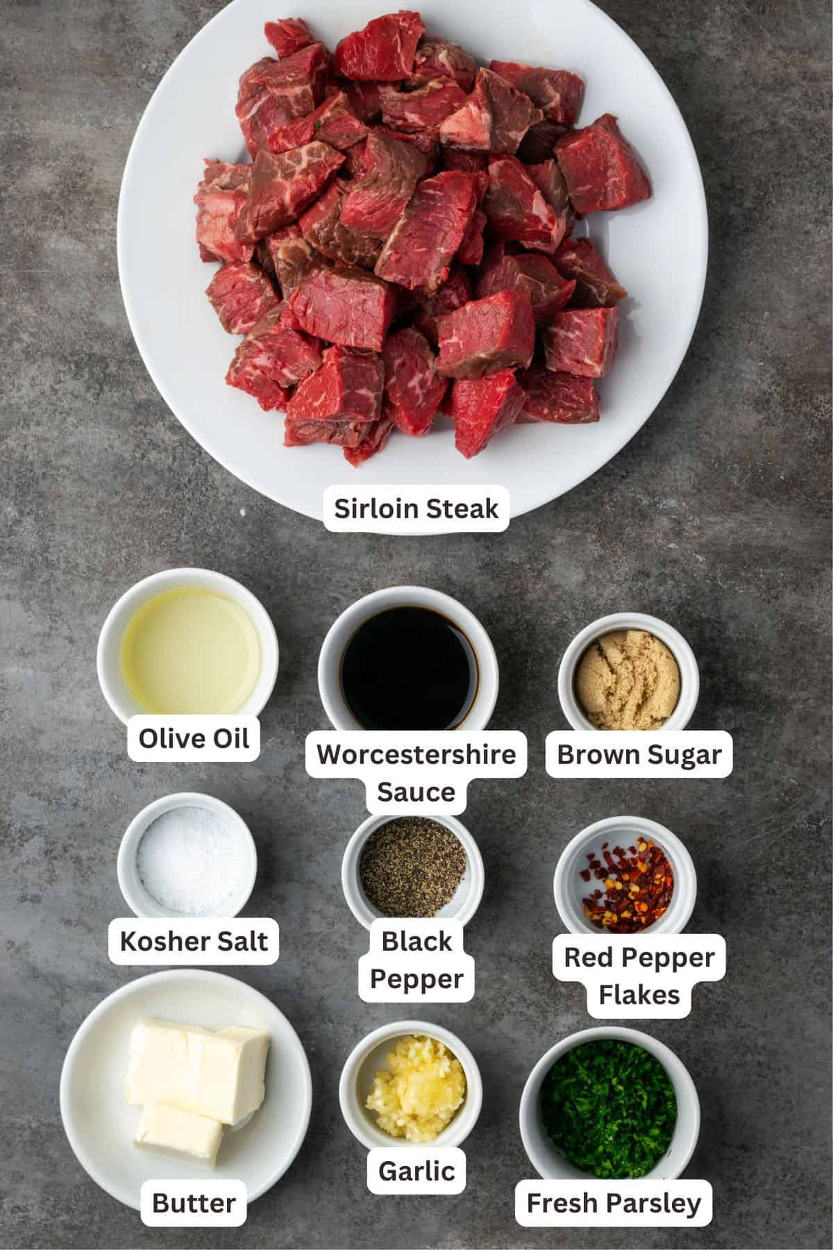 Air fryer steak bites ingredients with text labels overlaying each ingredient.