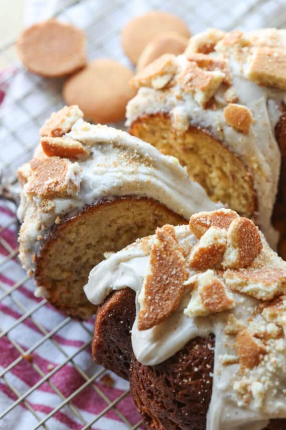 A banana bundt cake sliced and being served