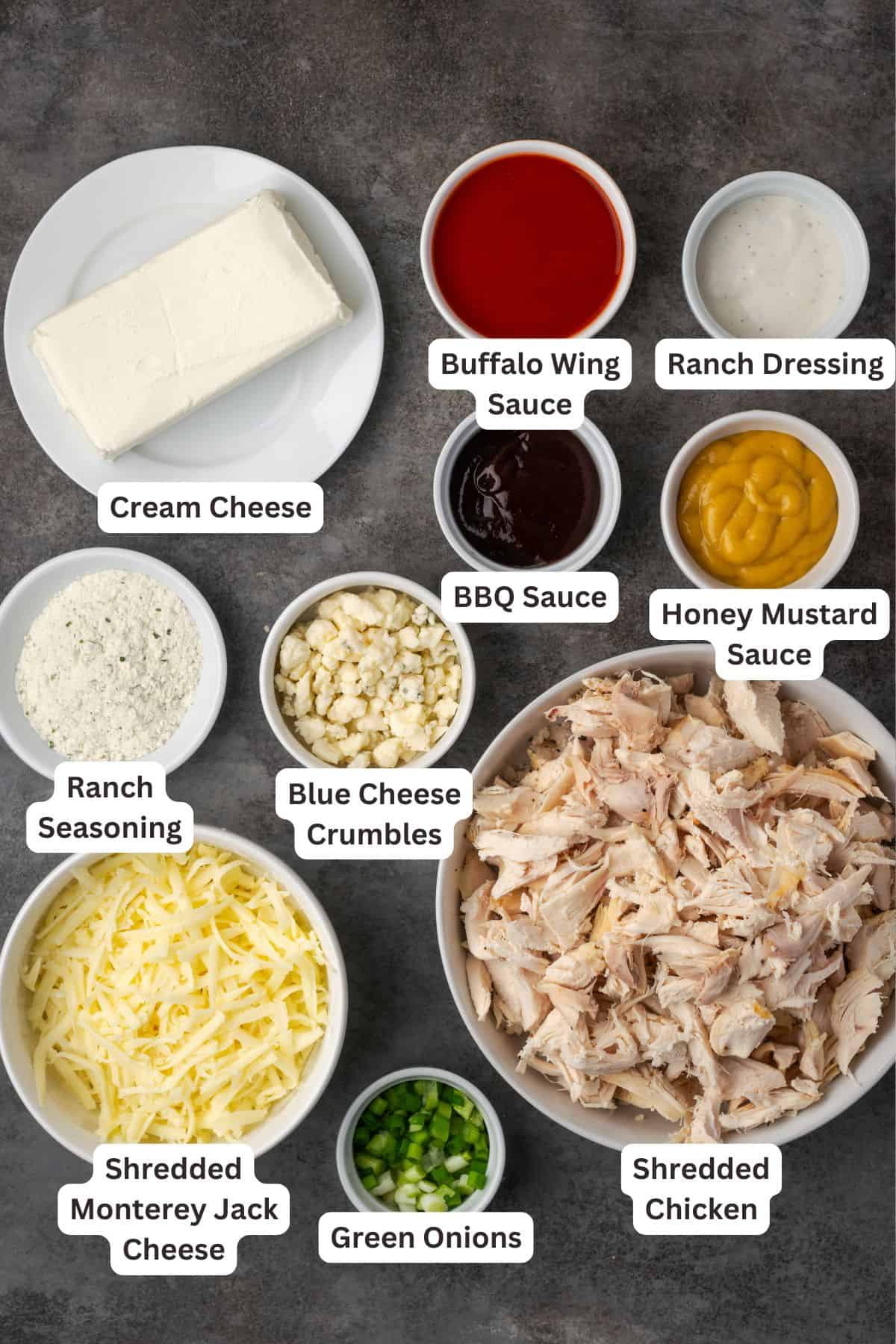 Chicken wing dip ingredients with text labels overlaying each ingredient.