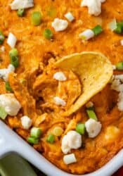 Close up of a chip stuck into buffalo chicken wing dip in a baking dish.