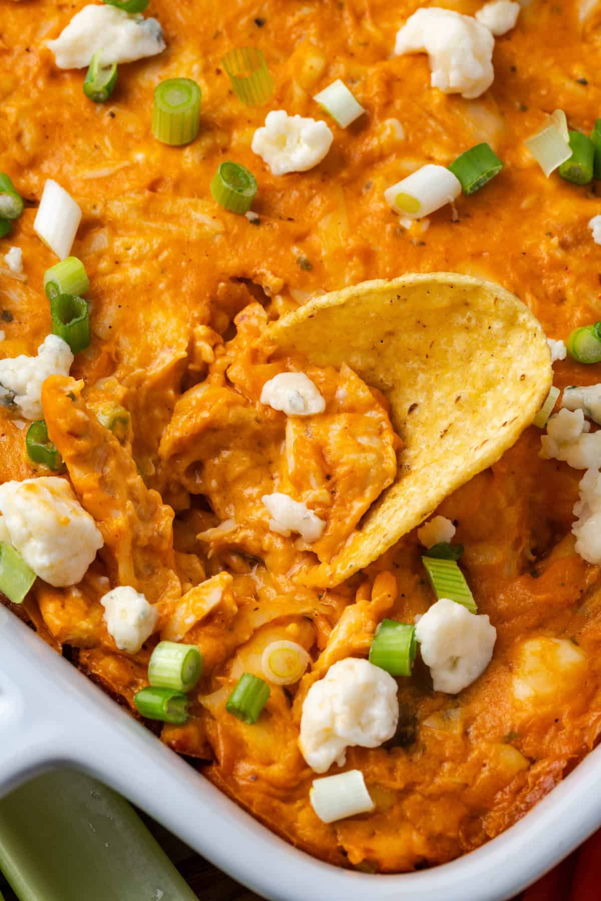Close up of a chip stuck into buffalo chicken wing dip in a baking dish.