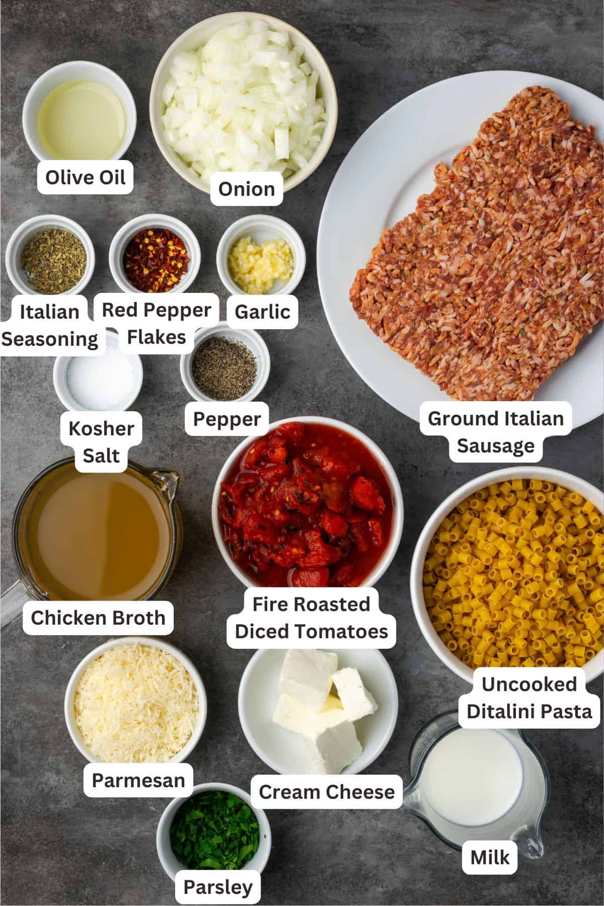 Creamy Italian sausage soup ingredients with text labels overlaying each ingredient.