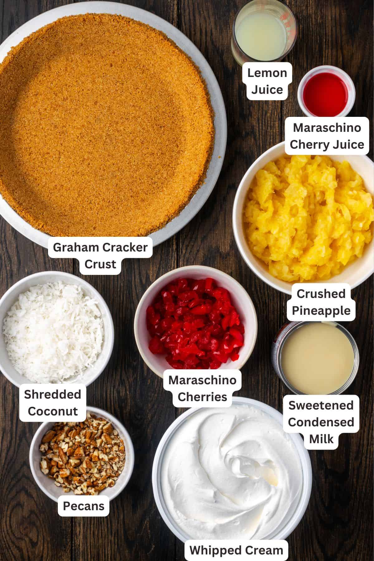 Millionaire pie is a decadent and fruity no-bake pie filled with sweet crushed pineapple, maraschino cherries, crispy pecans, and coconut. Millionaire pie ingredients with text labels overlaying each ingredient.