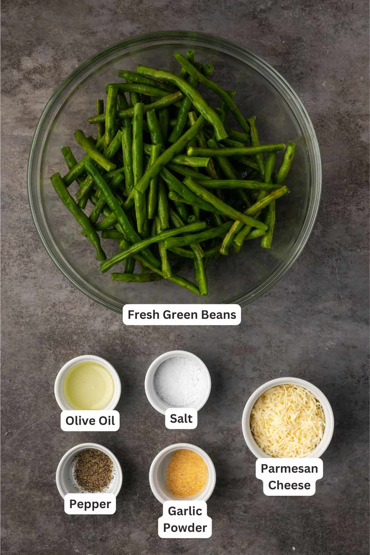 Air fryer green beans ingredients with text labels overlaying each ingredient.