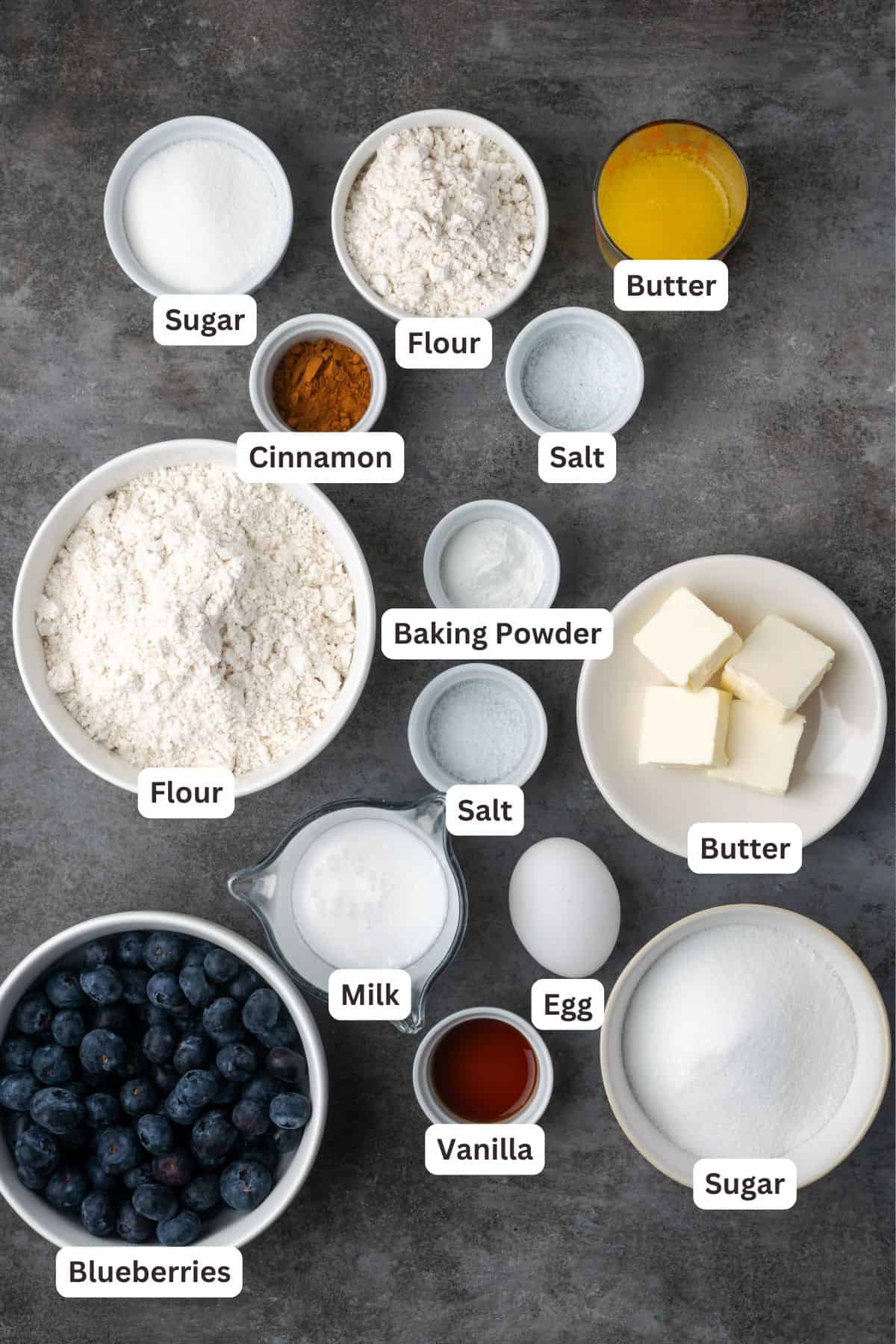 Blueberry buckle ingredients with text labels overlaying each ingredient.