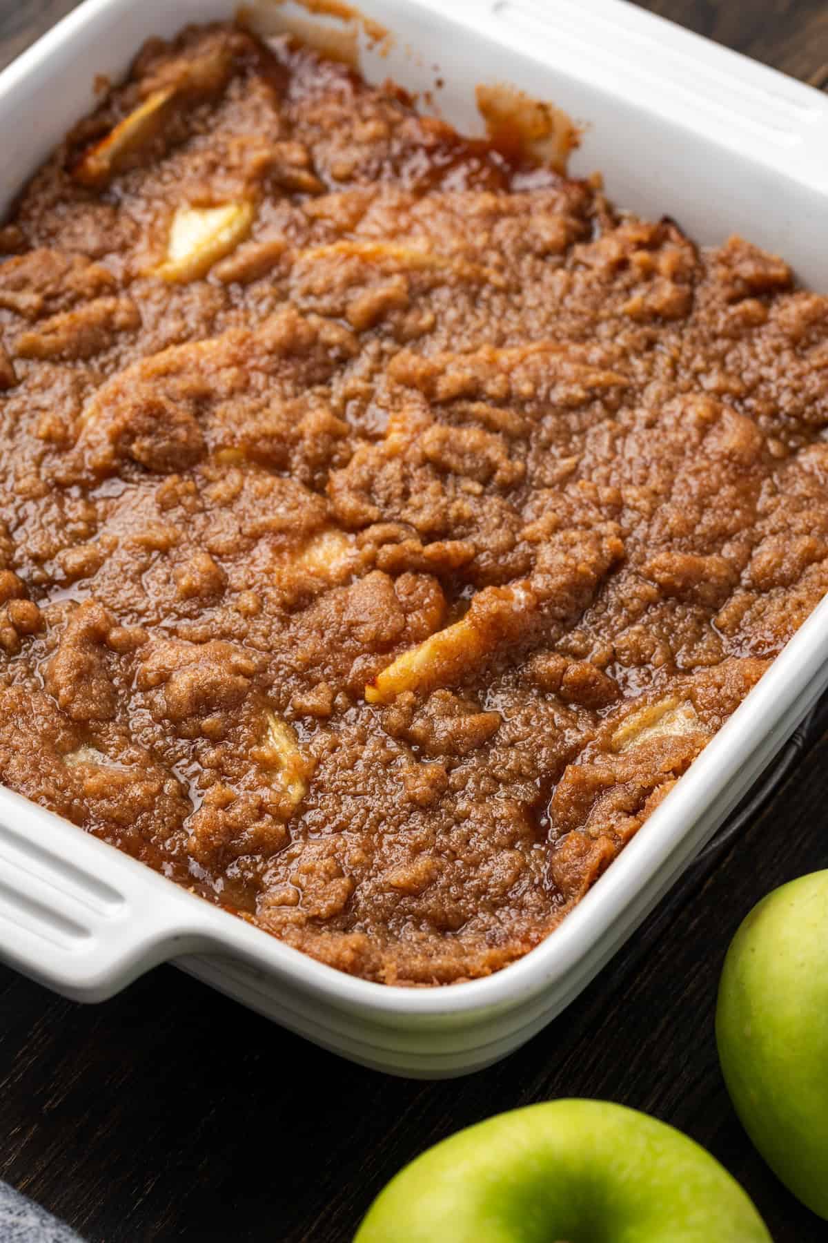 Baked apple betty in a baking dish.