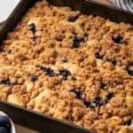Blueberry buckle in a baking pan.