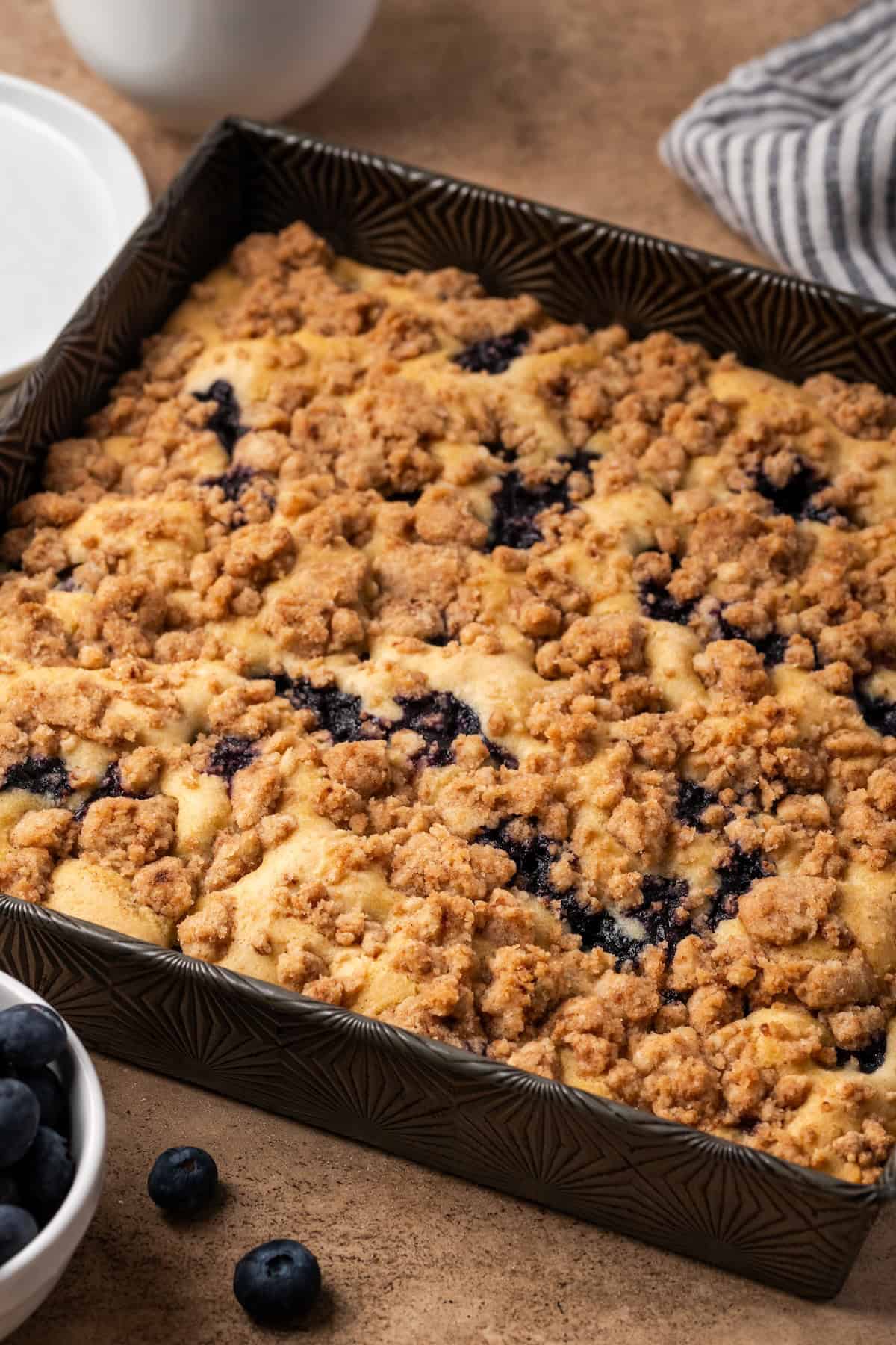 Blueberry buckle in a baking pan.