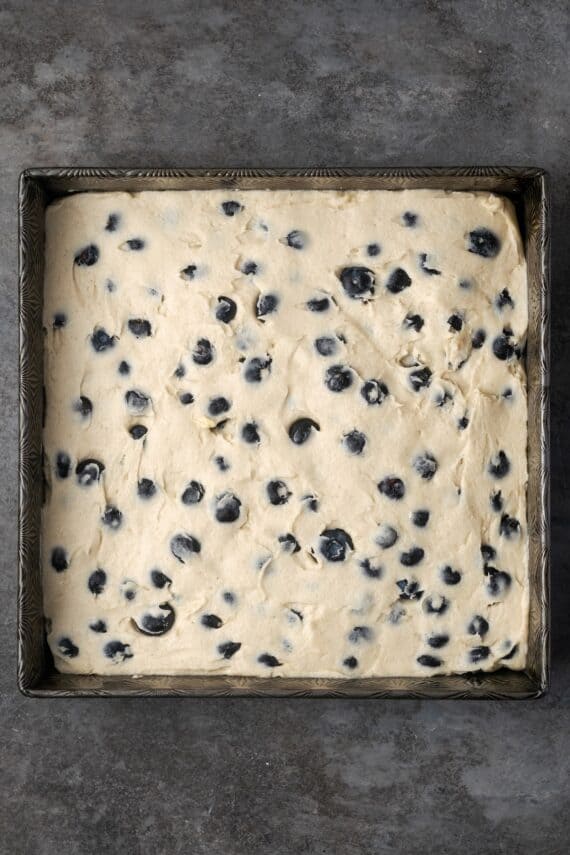 Blueberry cake batter in a baking pan.