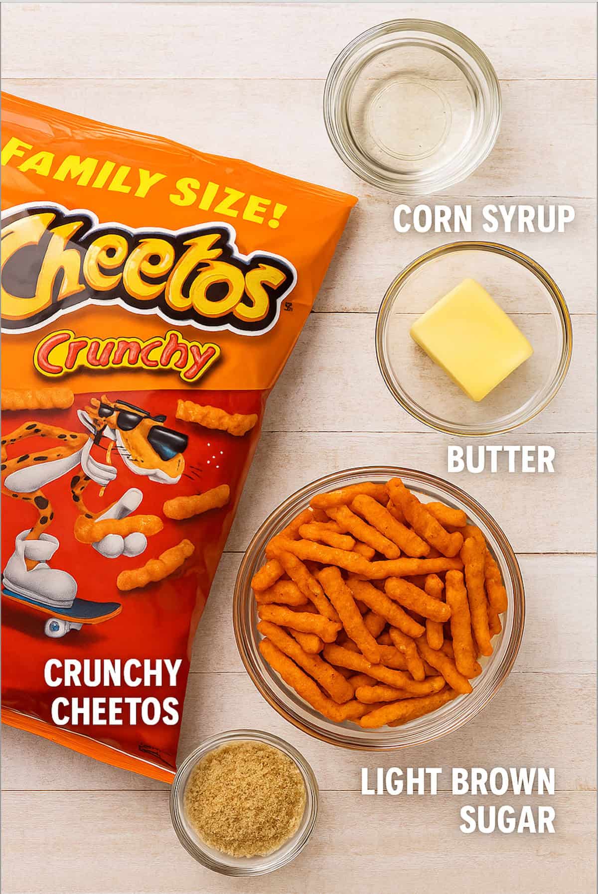 A bag of crunchy Cheetos, a bowl of corn syrup, brown sugar, and butter.