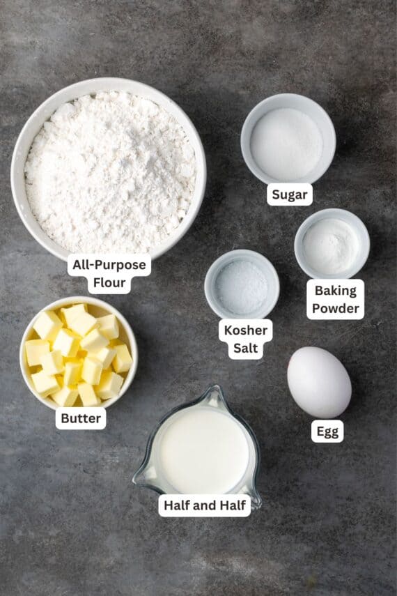 Shortcake biscuits ingredients with text labels overlaying each ingredient.