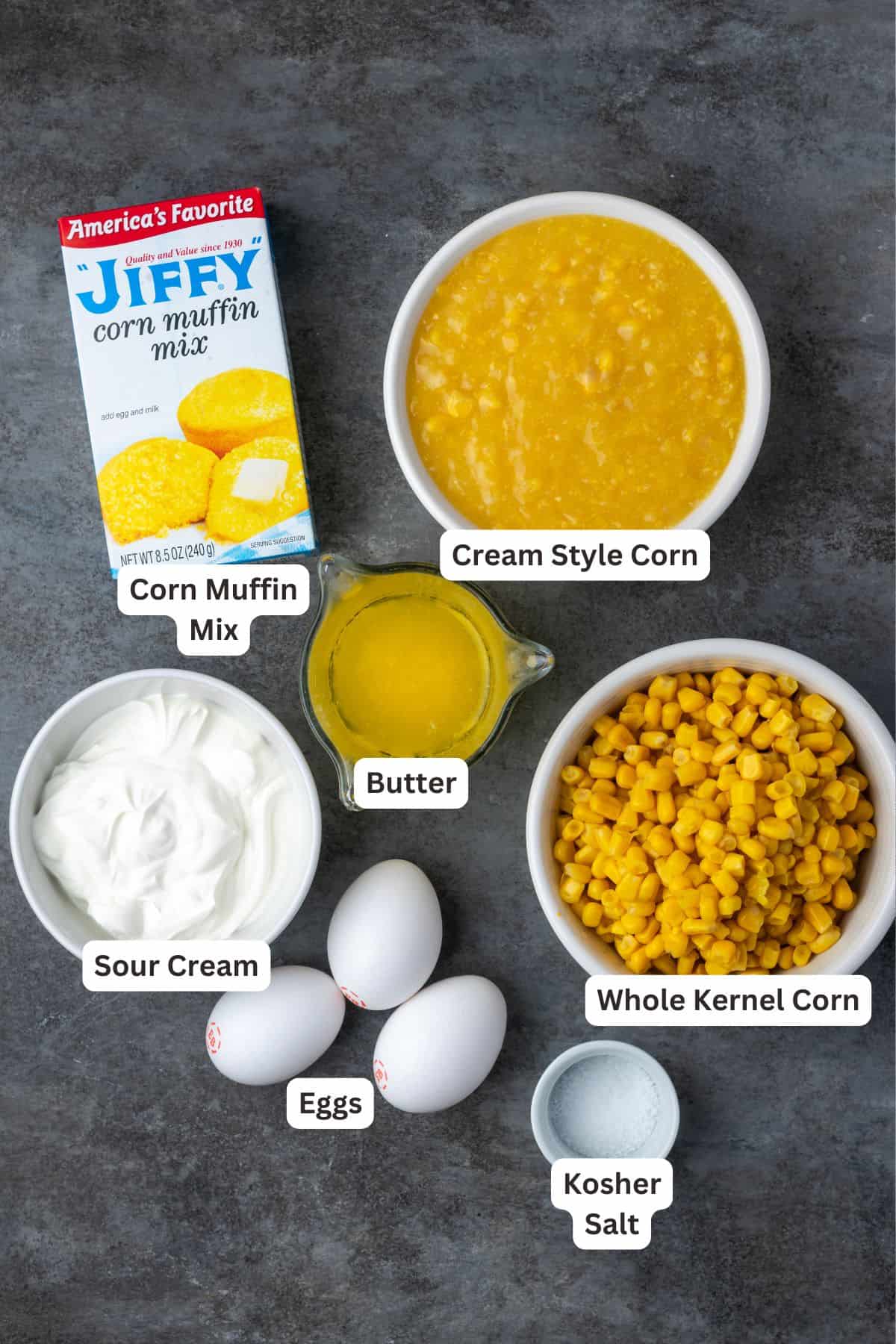 Old-fashioned spoon bread is a soft, creamy twist on cornbread that you eat with a spoon! It's a comforting Southern side dish for any meal. Spoon bread ingredients with text labels overlaying each ingredient.