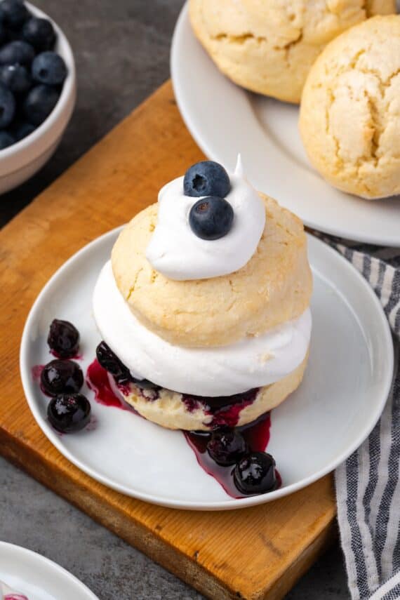 Overhead view of blueberry shortcake on a plate.