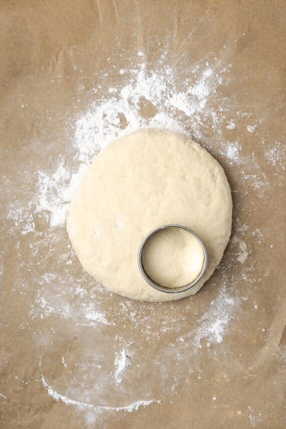 A biscuit cutter resting on top of a circle of pressed out dough.