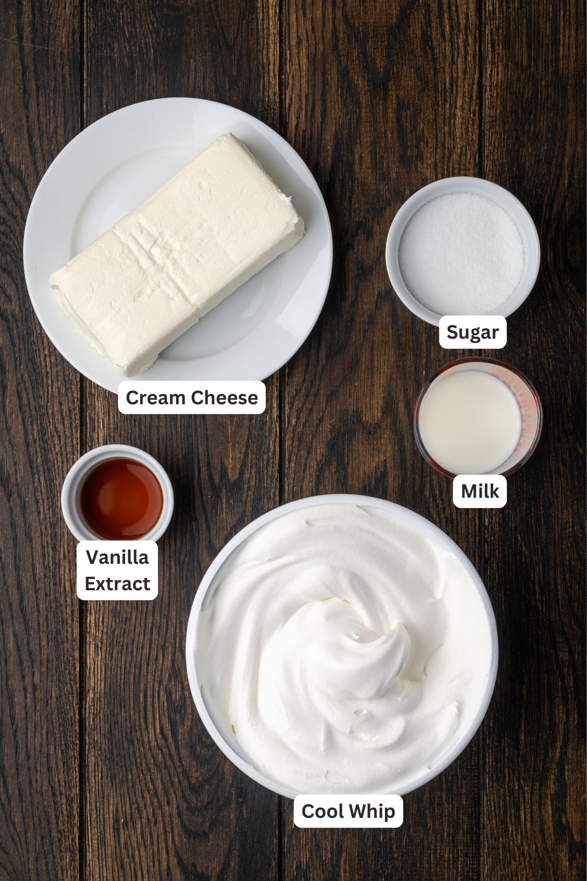 Cheesecake dip ingredients with text labels overlaying each ingredient.
