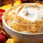A bowl of cheesecake dip garnished with graham cracker crumbs surrounded by fresh fruit.