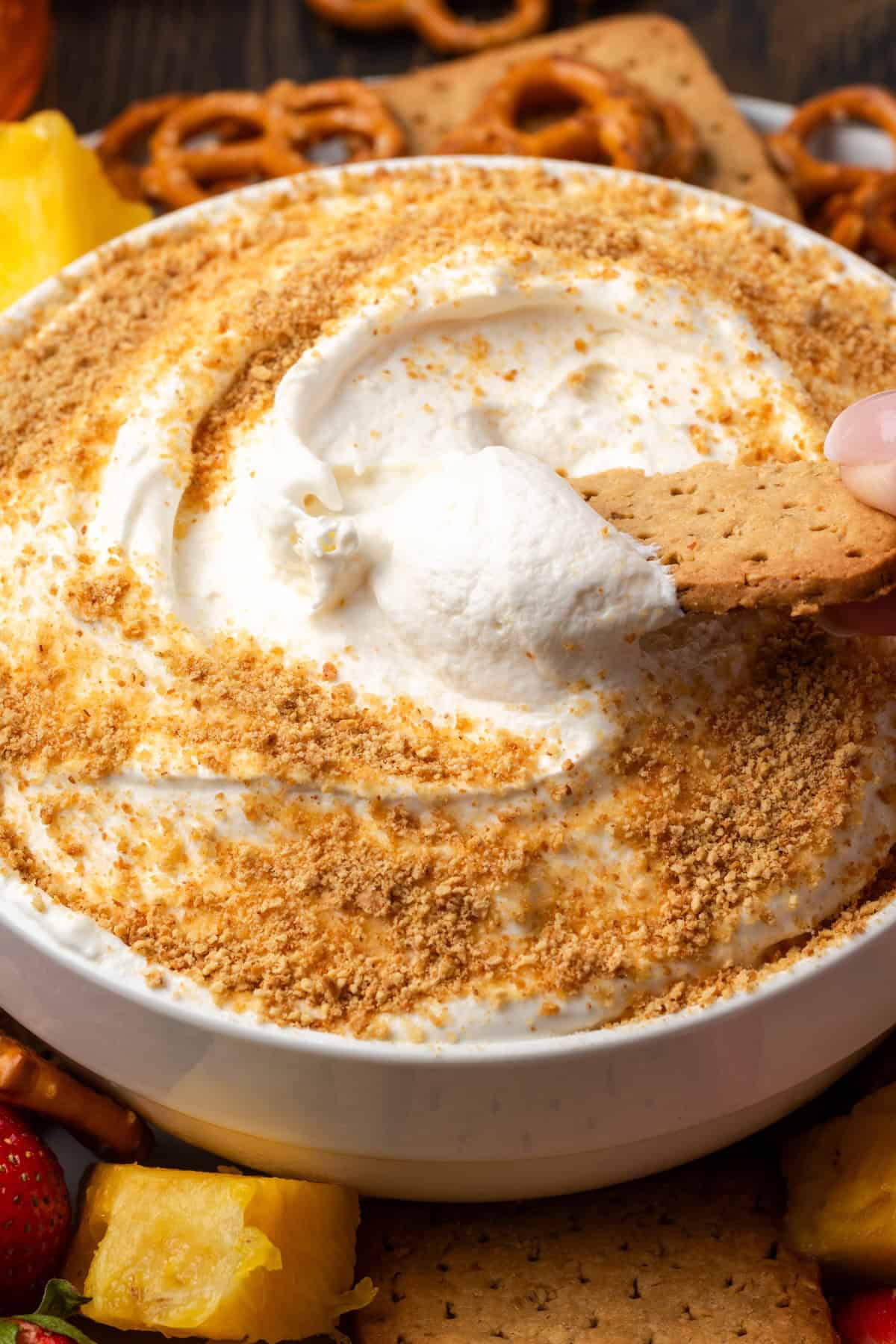 A graham cracker stuck into a bowl of cheesecake dip garnished with graham cracker crumbs.