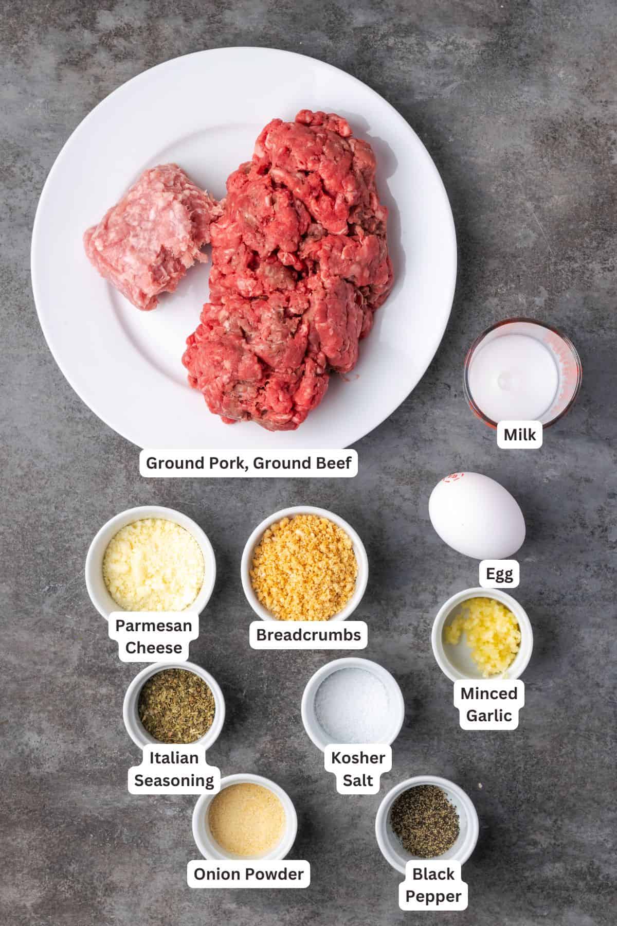 Air fryer meatballs ingredients with text labels overlaying each ingredient.