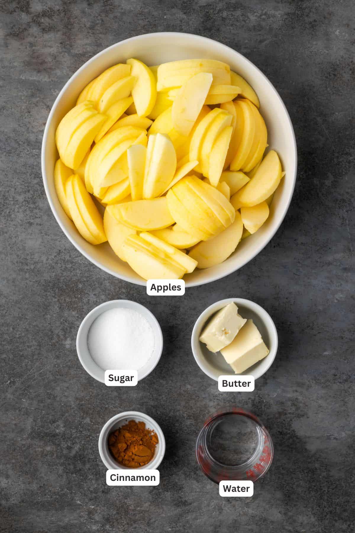 Cinnamon apple topping ingredients wth text labels overlaying each ingredient.