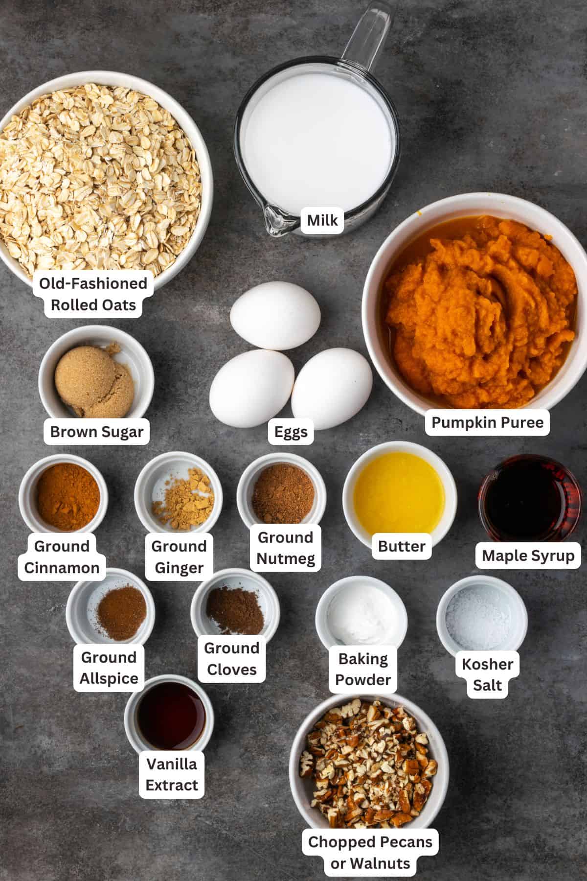Baked pumpkin oatmeal ingredients wth text labels overlaying each ingredient.