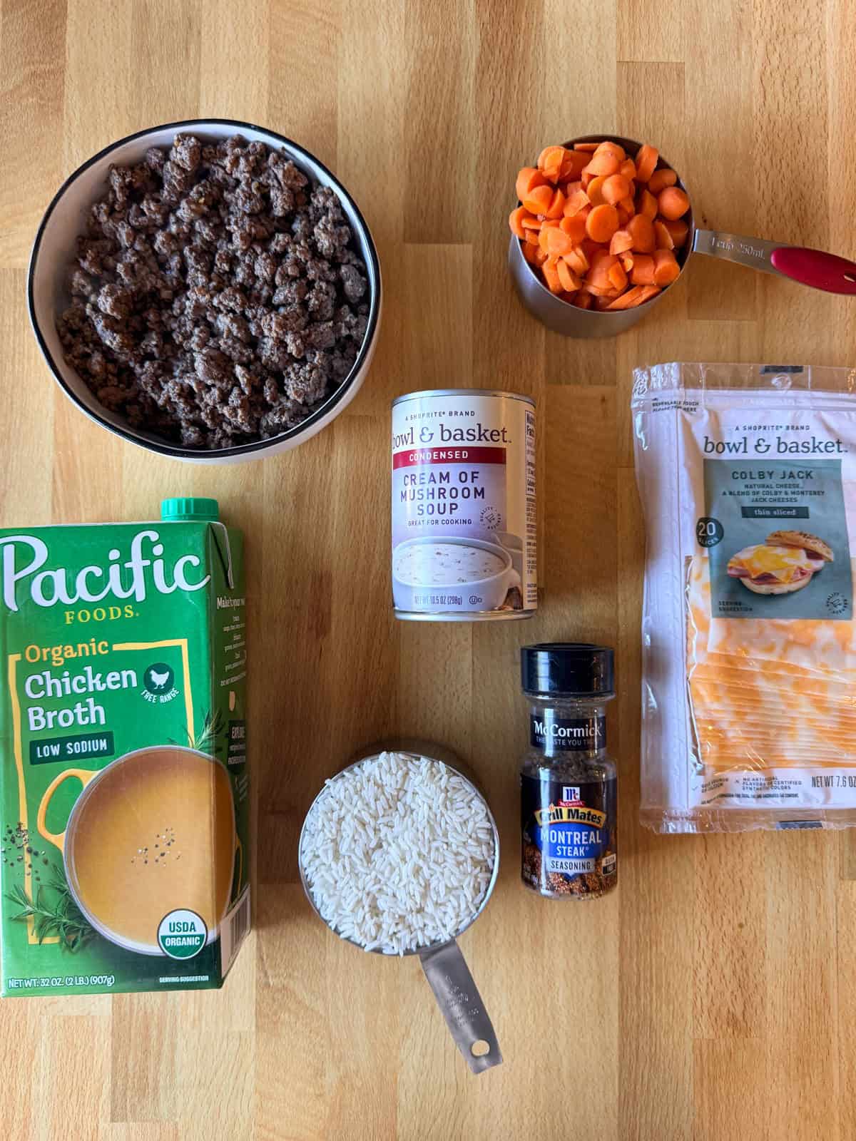 Ingredients for ground beef casserole laid out and shown from above