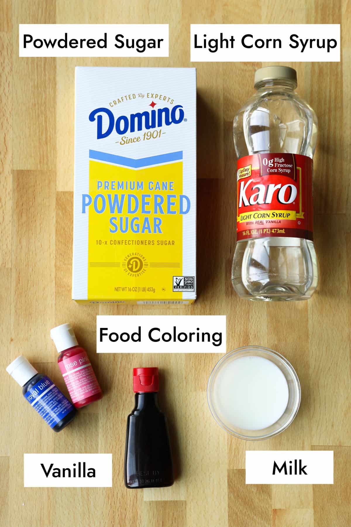 Sugar cookie icing ingredients with text labels overlaying each ingredient.